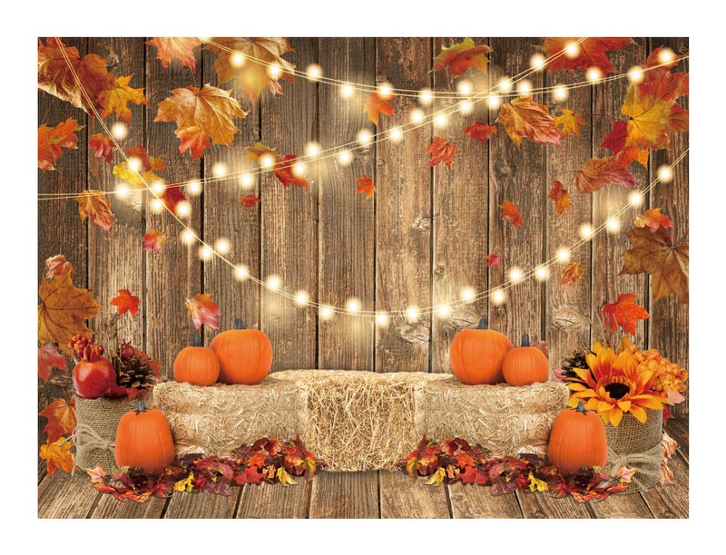 Funnytree 8x6FT Fall Pumpkin Photography Backdrop Autumn Tanksgiving Harvest Hay Leaves Wooden Background Sunflower Maple Baby Shower Banner Decoration Party Supplies Photo Booth Prop - Image 1